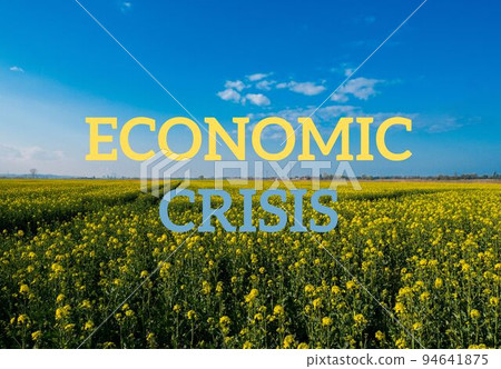 Text ECONOMIC CRISIS against defocused agriculture field message. Global hunger, food crisis, inflation, high prices, increasing living expenses and poverty, financial crisis concept illustrating food 94641875
