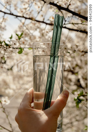 Reusable glass Straws on nature background with green leafs spring flowers Eco-Friendly. Zero waste, plastic free concept. Sustainable lifestyle. Picnic concept Reusable glass Straws on nature background with green leafs spring flowers Eco-Friendly. Zero waste, plastic free concept. Sustainable lifestyle. Picnic concept 94641999
