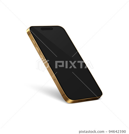 Vector 3d Realistic Yellow Golden Modern Smartphone Design Template with Black Screen. Mobile Phone Isolated. Telephone Device UI UX, Phone in Half Turn View 94642390