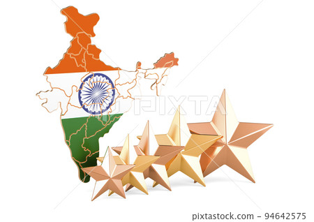 Indian map with five stars. Rating, quality, service in India. 3D rendering Indian map with five stars. Rating, quality, service in India. 3D rendering 94642575