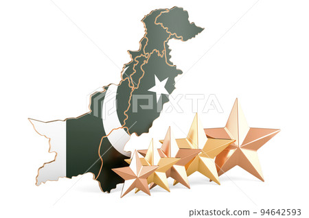 Pakistani map with five stars. Rating, quality, service in Pakistan. 3D rendering Pakistani map with five stars. Rating, quality, service in Pakistan. 3D rendering 94642593