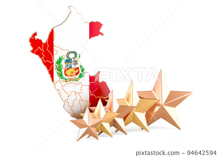 Peruvian map with five stars. Rating, quality, service in Peru. 3D rendering Peruvian map with five stars. Rating, quality, service in Peru. 3D rendering 94642594