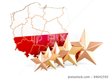 Polish map with five stars. Rating, quality, service in Poland. 3D rendering Polish map with five stars. Rating, quality, service in Poland. 3D rendering 94642595