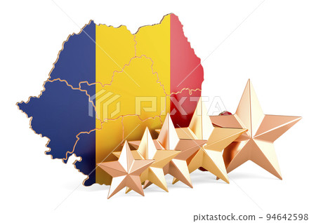 Romanian map with five stars. Rating, quality, service in Romania. 3D rendering Romanian map with five stars. Rating, quality, service in Romania. 3D rendering 94642598