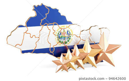 Salvadoran map with five stars. Rating, quality, service in El Salvador. 3D rendering Salvadoran map with five stars. Rating, quality, service in El Salvador. 3D rendering 94642600