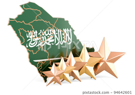 Saudi Arabian map with five stars. Rating, quality, service in Saudi Arabia. 3D rendering Saudi Arabian map with five stars. Rating, quality, service in Saudi Arabia. 3D rendering 94642601