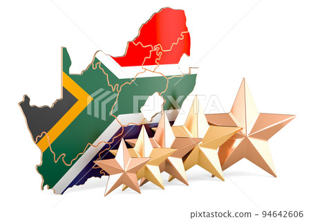 South African map with five stars. Rating, quality, service in South Africa. 3D rendering South African map with five stars. Rating, quality, service in South Africa. 3D rendering 94642606