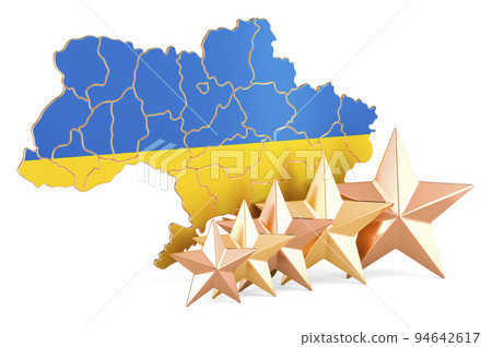 Ukrainian map with five stars. Rating, quality, service in Ukraine. 3D rendering Ukrainian map with five stars. Rating, quality, service in Ukraine. 3D rendering 94642617