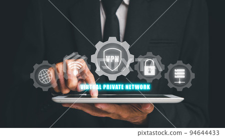 VPN Virtual Private network protocol concept, Man hand using digital tablet with vpn icon on VR screen. 94644433