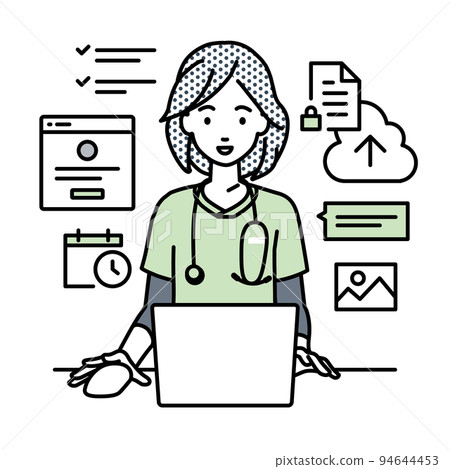 一位護士女士坐在辦公桌前,在電腦上工作以管理項目和任務 一位護士女士坐在辦公桌前,在電腦上工作以管理項目和任務 94644453