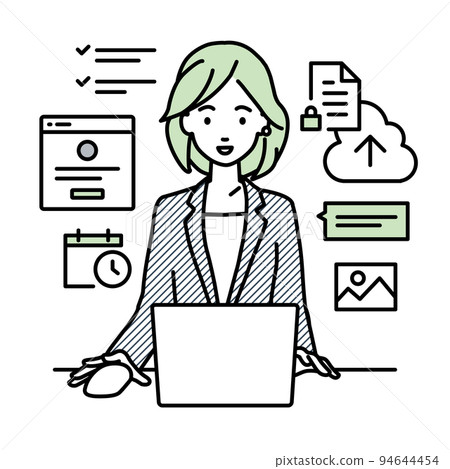 A woman in a suit sitting at a desk and doing a project or task management job on a PC A woman in a suit sitting at a desk and doing a project or task management job on a PC 94644454
