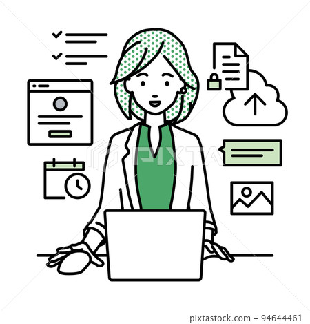 A woman in a jacket sitting at a desk and doing a project or task management job on a PC A woman in a jacket sitting at a desk and doing a project or task management job on a PC 94644461