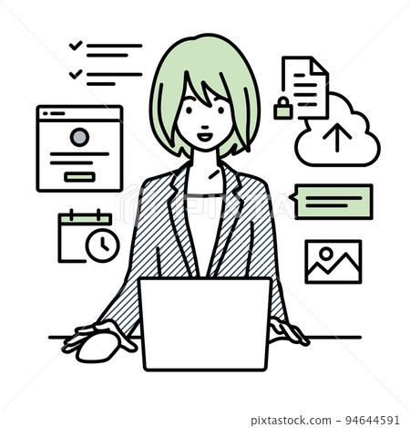 A woman in a suit sitting at a desk and doing a project or task management job on a PC 94644591