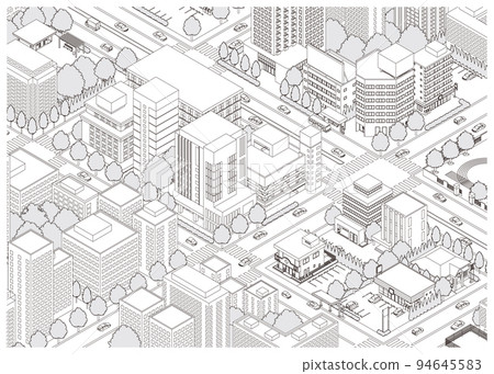 Three-dimensional view of the townscape. Cityscape. Line drawing illustration. 94645583