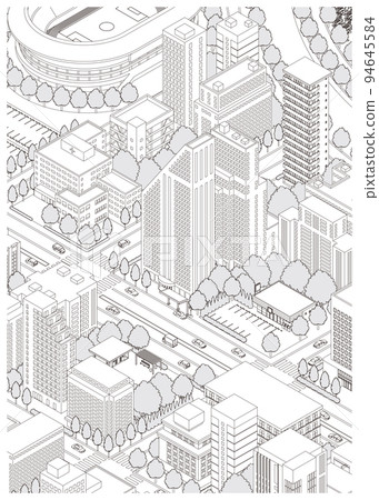 Three-dimensional view of the townscape. Cityscape. Line drawing illustration. Three-dimensional view of the townscape. Cityscape. Line drawing illustration. 94645584