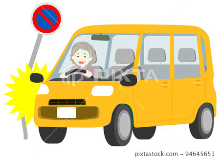 An old woman driving a car collides with a sign 94645651