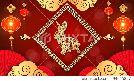 3d rendering Chinese New Year Celebration Background, Chinese Zodiac Rabbit 2023, Golden and Red with Particle for Chinese Decorative Classic Festive Background for a Holiday. 3d rendering Chinese New Year Celebration Background, Chinese Zodiac Rabbit 2023, Golden and Red with Particle for Chinese Decorative Classic Festive Background for a Holiday. 94645807