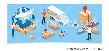 3D isometric Global logistics network concept with Transportation operation service, Export, Import, Cargo, Air, Road, Maritime delivery. Vector illustration EPS 10 3D isometric Global logistics network concept with Transportation operation service, Export, Import, Cargo, Air, Road, Maritime delivery. Vector illustration EPS 10 94646716