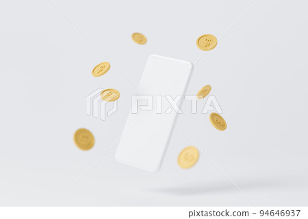 White mobile smartphone and gold coin on white background 94646937