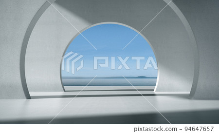 Space for products showcases in the terrazzo hallway with the sea background. 94647657