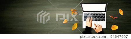 Autumn leaves with person using a laptop computer 94647907