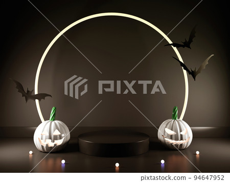 Halloween theme with pumpkin ghosts and bats in front of the light arch - 3D Halloween theme with pumpkin ghosts and bats in front of the light arch - 3D 94647952