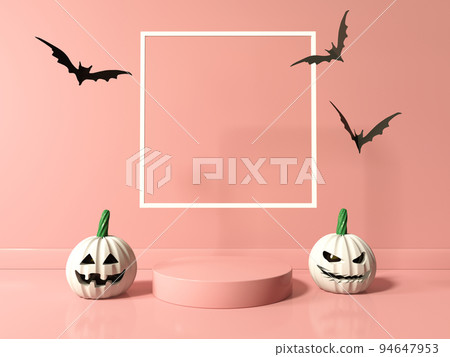 Halloween theme with pumpkin ghosts and bats in front of the square frame - 3D Halloween theme with pumpkin ghosts and bats in front of the square frame - 3D 94647953