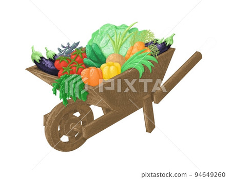 Garden wooden wheelbarrow with vegetables and herbs Garden wooden wheelbarrow with vegetables and herbs 94649260