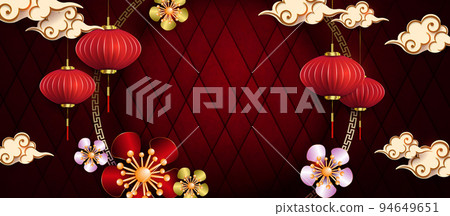Greeting card with a round golden frame, flowers and air lanterns in the style of paper art Greeting card with a round golden frame, flowers and air lanterns in the style of paper art 94649651