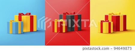 Set of gift boxes with ribbon and bow, small and large in different colors 94649873