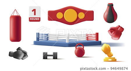 boxing attributes 3d icons of winner belt, ring and punching bags, isolated boxing attributes 3d icons of winner belt, ring and punching bags, isolated 94649874