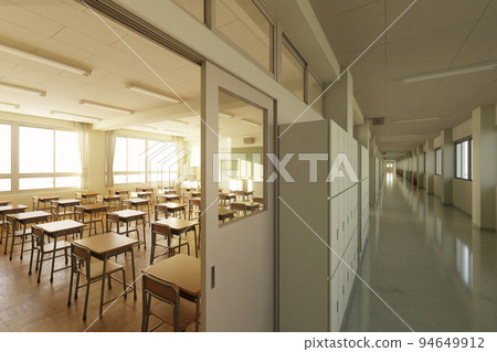 清晨陽光明媚的無人教室和走廊/學校位置、青春和懷舊的概念形象 94649912