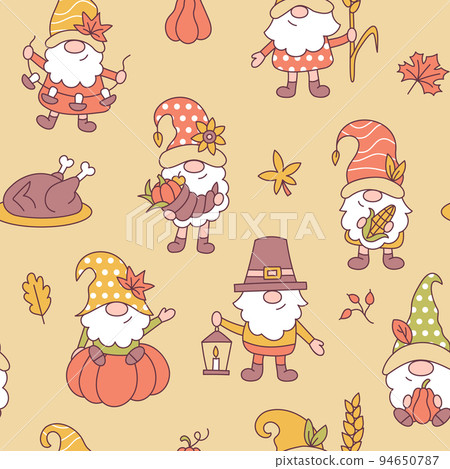 Cute thanksgiving gnomes. Autumn seamless pattern. 94650787