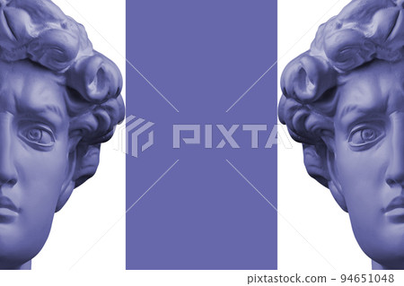 Antique sculpture of human face in artificial intelligence pop art style. Modern creative concept image with ancient statue head. Contemporary neural network art poster. Funky punk collage design. 94651048