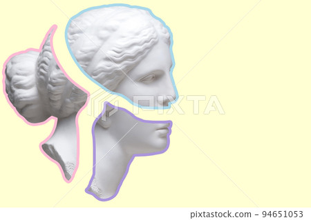 Antique sculpture of human face in artificial intelligence pop art style. Modern creative concept image with ancient statue head. Contemporary neural network art poster. Funky punk collage design. Antique sculpture of human face in artificial intelligence pop art style. Modern creative concept image with ancient statue head. Contemporary neural network art poster. Funky punk collage design. 94651053