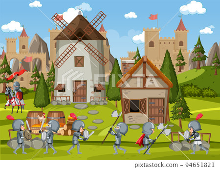 Medieval village scene castle background Medieval village scene castle background 94651821