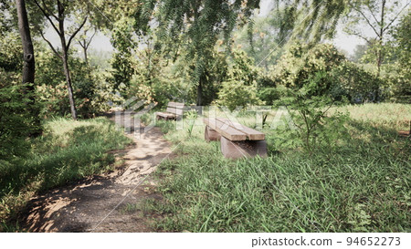 Bench in the summer park with old trees and footpath Bench in the summer park with old trees and footpath 94652273