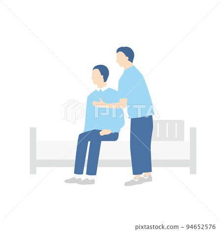 A man who gets up from the bed and a care worker who assists A man who gets up from the bed and a care worker who assists 94652576