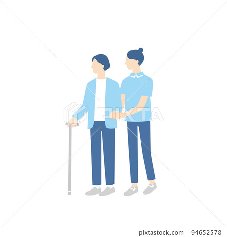 A woman with a cane and a care worker assisting 94652578