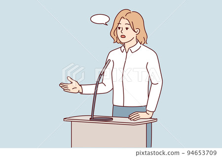 Businesswoman speak in microphone at conference Businesswoman speak in microphone at conference 94653709