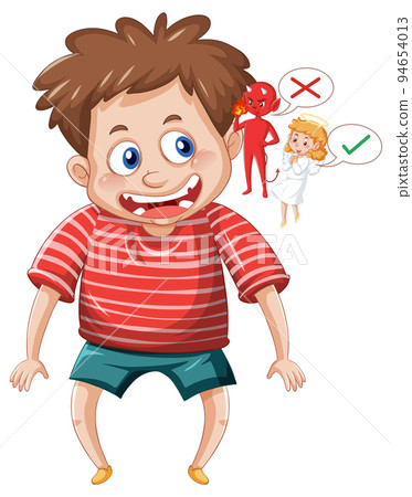Cartoon character with devil and angel fighting in thought 94654013