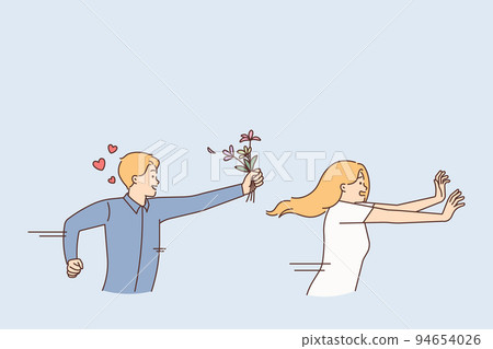 Woman run from male admirer Woman run from male admirer 94654026