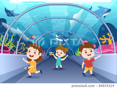 Aquarium Template Hand Drawn Cartoon Flat Illustration with Kids Looking at Underwater Fish, Sea Animals Variety, Marine Flora and Fauna 94654324