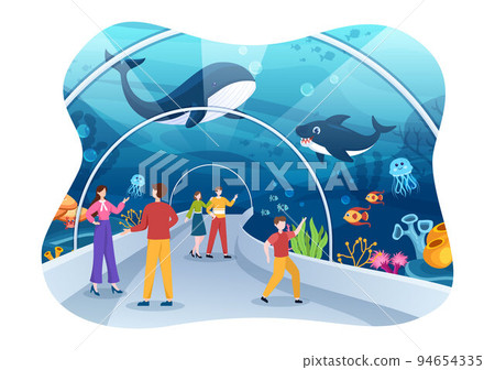 Aquarium Template Hand Drawn Cartoon Flat Illustration with Family and Kids Looking at Underwater Fish, Sea Animals Variety, Marine Flora and Fauna Aquarium Template Hand Drawn Cartoon Flat Illustration with Family and Kids Looking at Underwater Fish, Sea Animals Variety, Marine Flora and Fauna 94654335