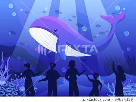 Aquarium Template Hand Drawn Cartoon Flat Illustration with Family and Kids Looking at Underwater Fish, Sea Animals Variety, Marine Flora and Fauna 94654339