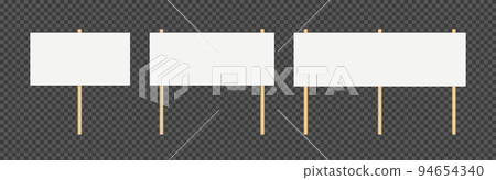 Picket banner frame. Blank demonstration banner mock up. Empty protest placard with wooden poles. Realistic politic strike board mockup. Vector illustration isolated on transparent background 94654340
