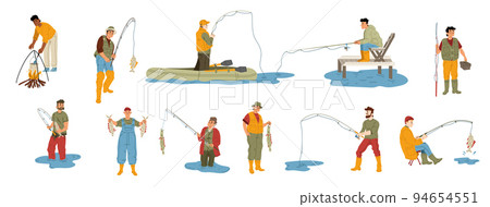 Happy men fishing set isolated on white background 94654551