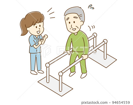 Rehabilitation Illustration of a senior doing walking training 94654559