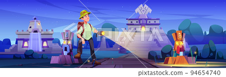 Traveler at night Aztec city with ancient pyramids Traveler at night Aztec city with ancient pyramids 94654740