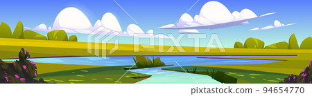 Summer scene with river flowing into lake Summer scene with river flowing into lake 94654770